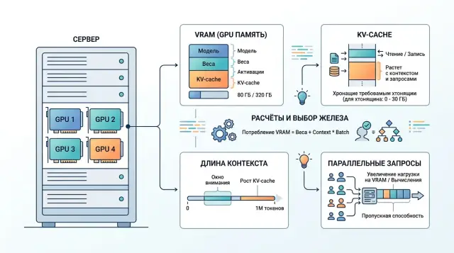 GPU для open-weight моделей: VRAM, контекст и KV-cache